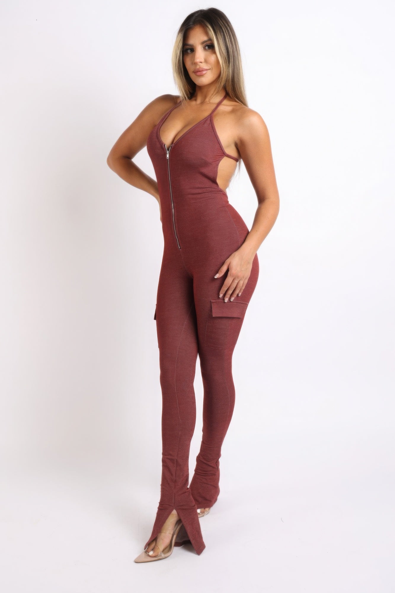 Red Brown Cargo pocket halter jumpsuit