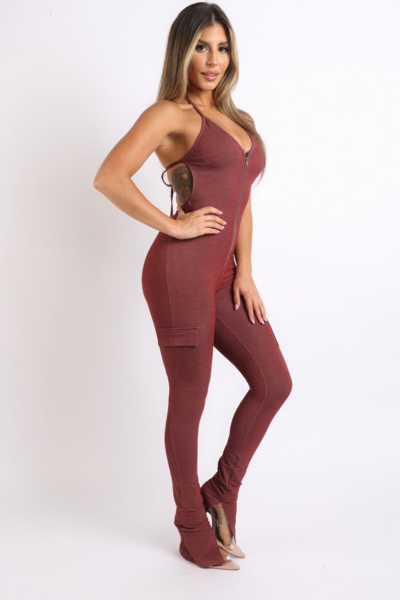 Red Brown Cargo pocket halter jumpsuit