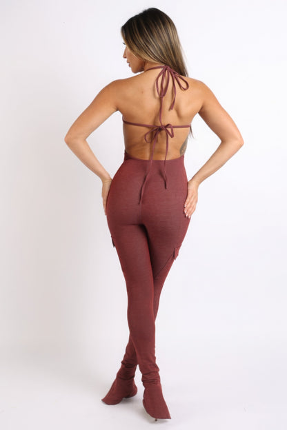 Red Brown Cargo pocket halter jumpsuit