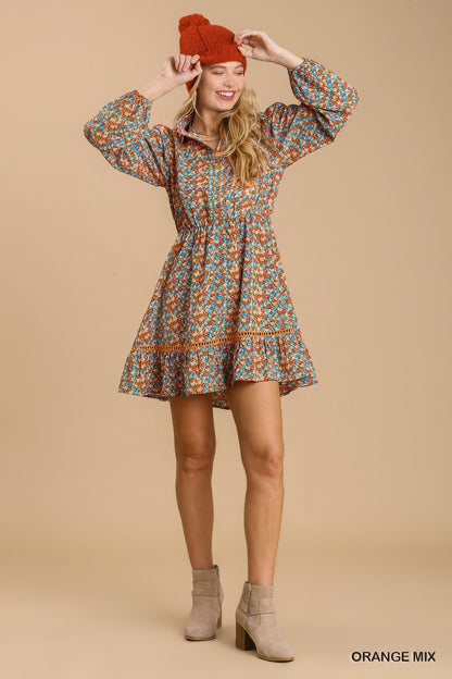 Mocha Collared neckline button down floral print dress with crochet trimmed details