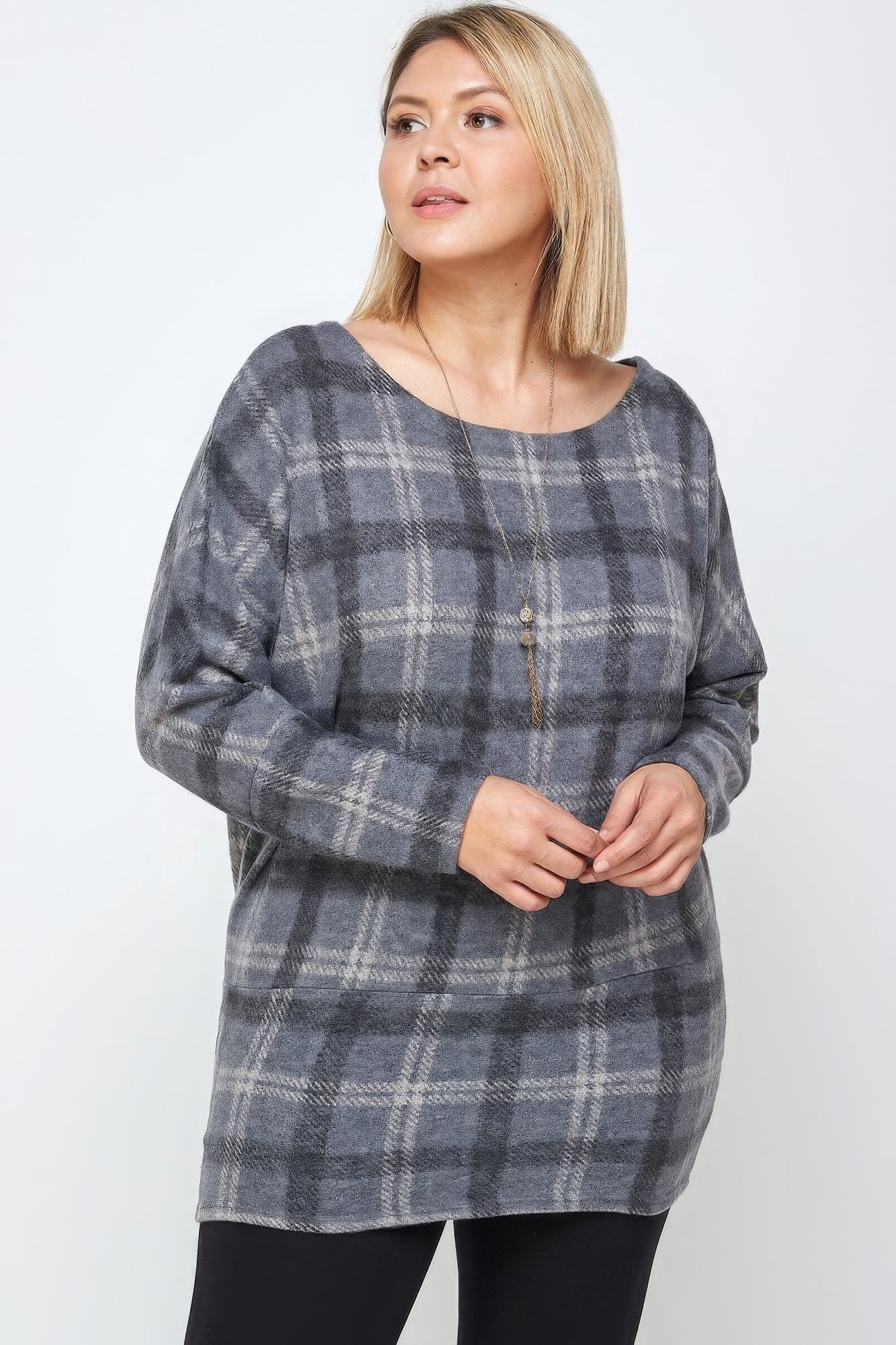 Blue Boat Neck, Plaid Print Tunic Top, With Long Dolman Sleeves