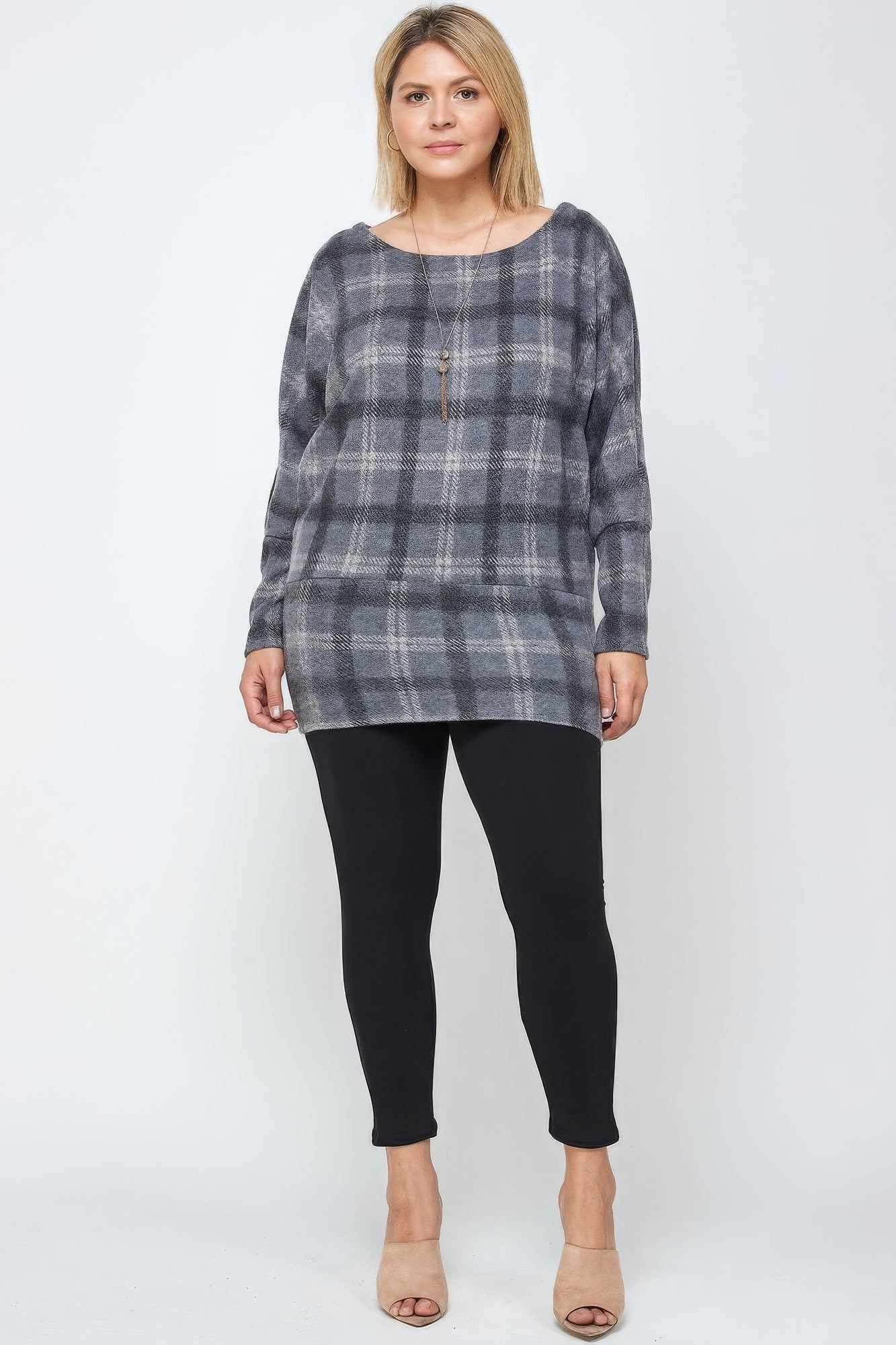 Blue Boat Neck, Plaid Print Tunic Top, With Long Dolman Sleeves