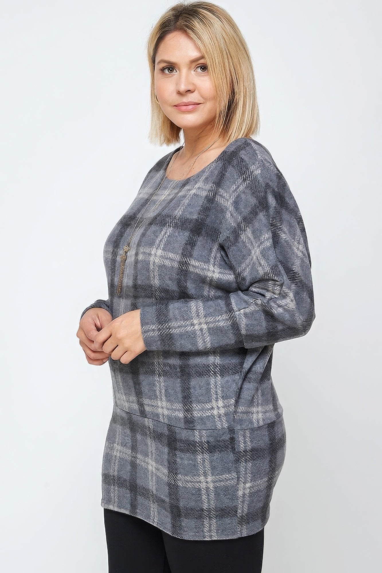 Blue Boat Neck, Plaid Print Tunic Top, With Long Dolman Sleeves