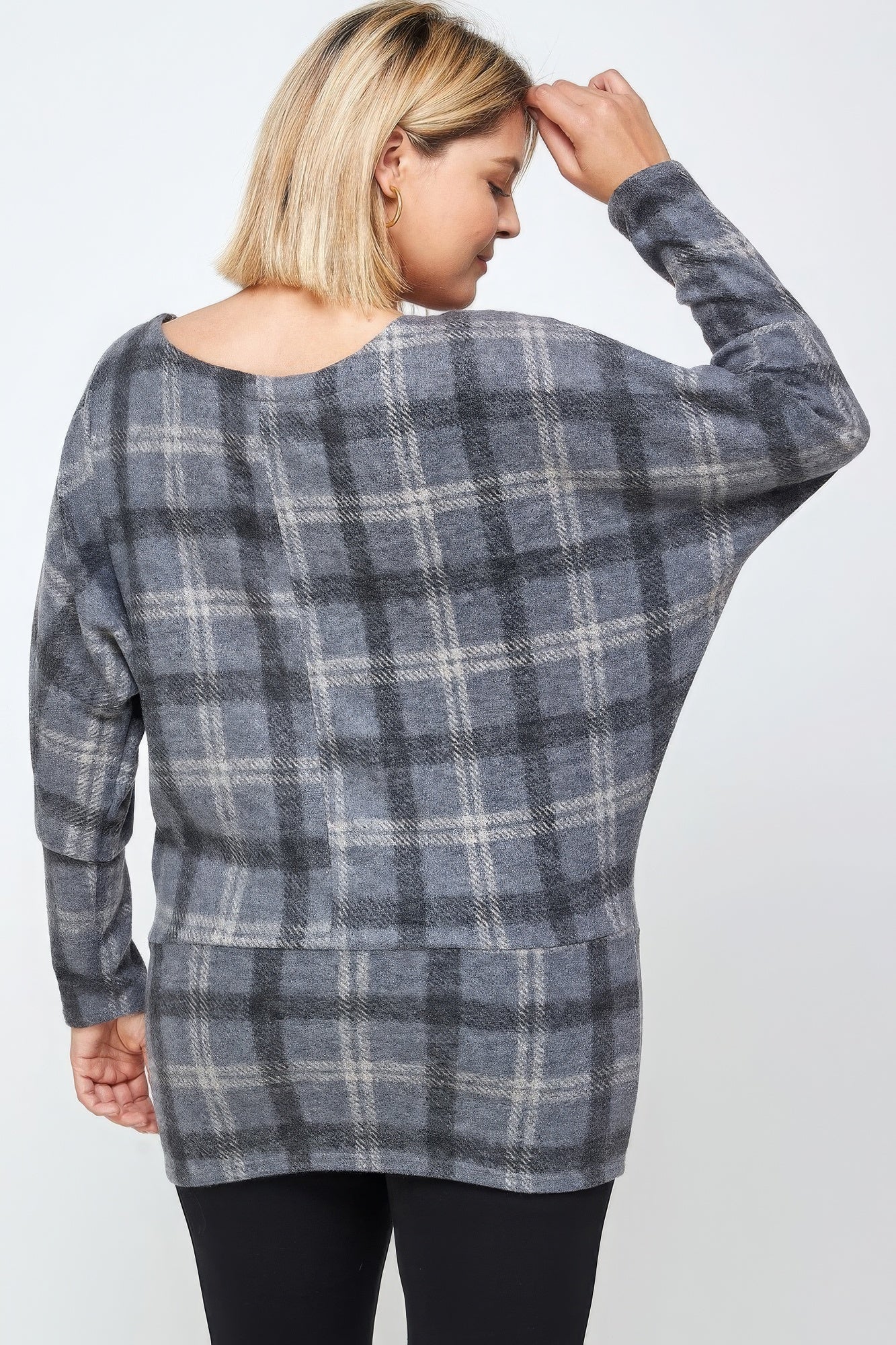 Blue Boat Neck, Plaid Print Tunic Top, With Long Dolman Sleeves