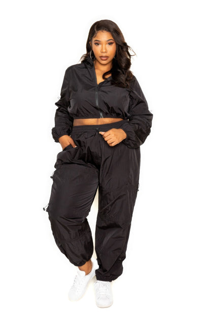 Black Active Zip Up Set With Cord Lock Detail