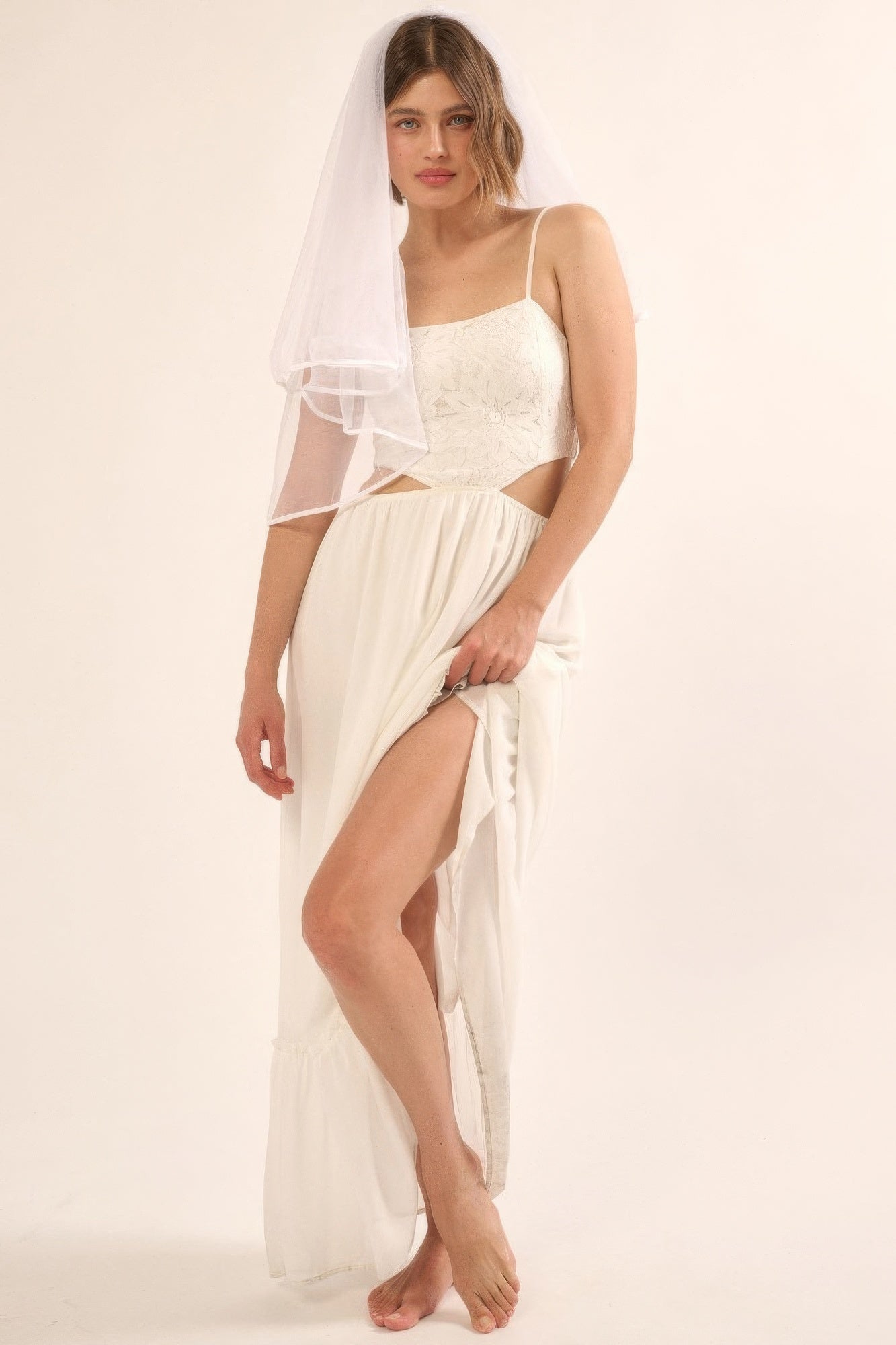 White Sheer, Chiffon Floral Lace Maxi Dress