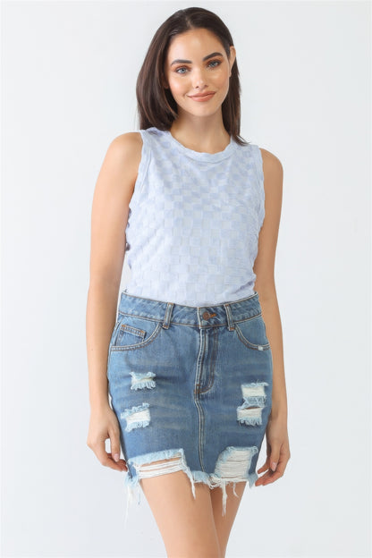 Light Blue Blue Chess Cage Print Cotton Blend Sleeveless Bodysuit