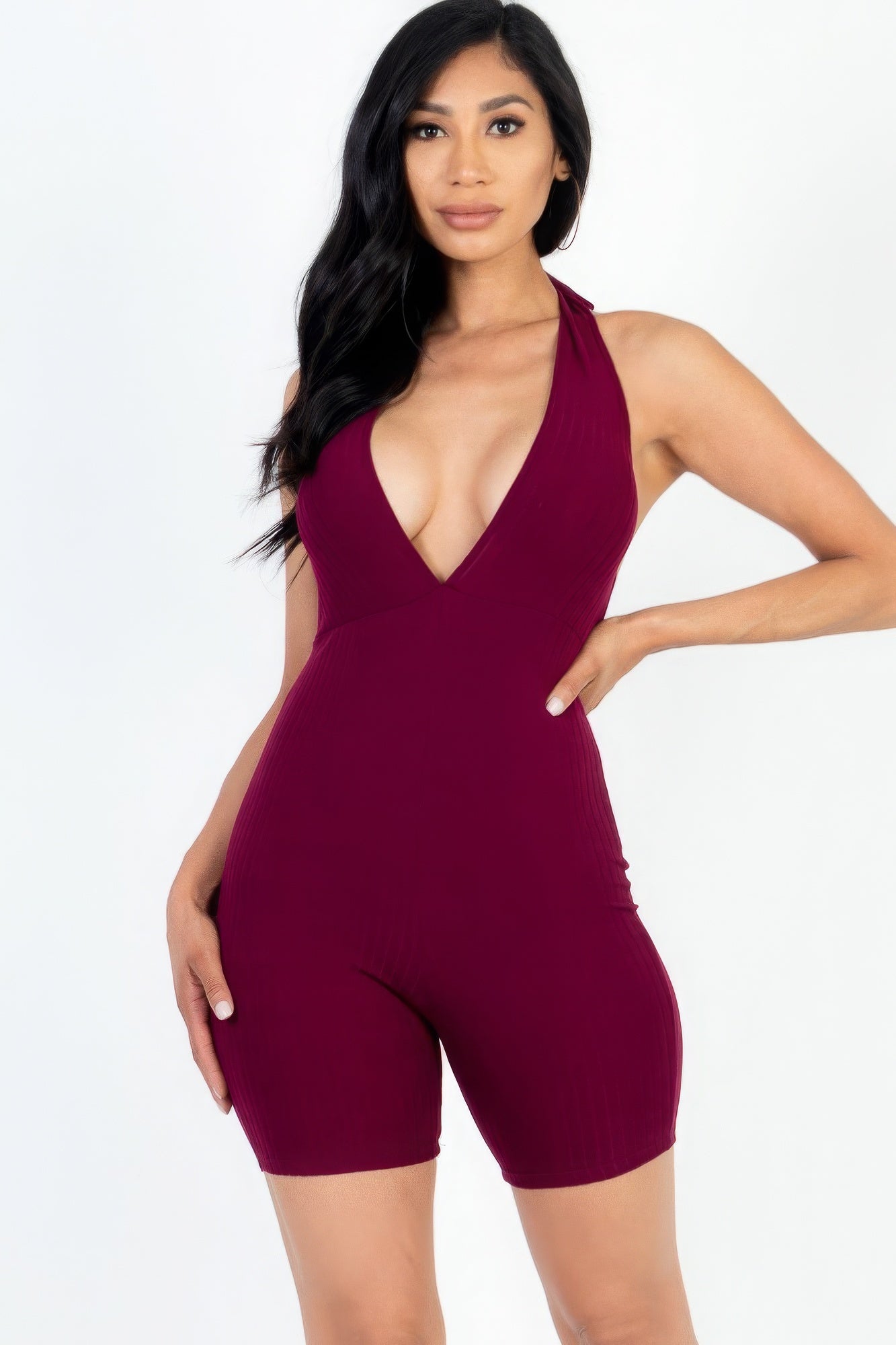 Burgundy Casual Solid Halter V Neck Ribbed Bodycon Romper