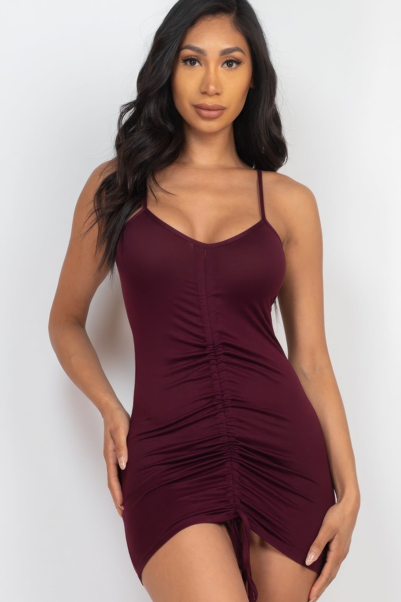 Burgundy Adjustable Ruched Front Detail Mini Dress