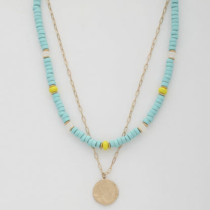 Coin Wood Bead Layered Necklace