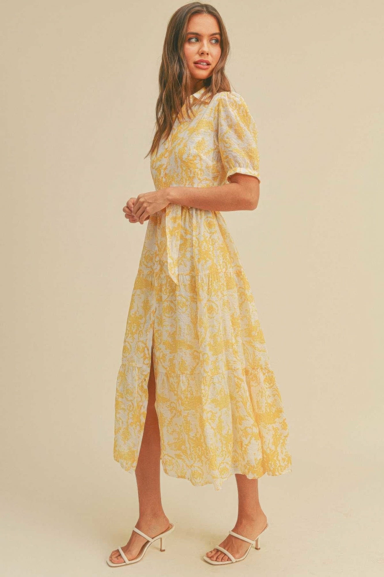 Cream Closure waist belt puff sleeve dress