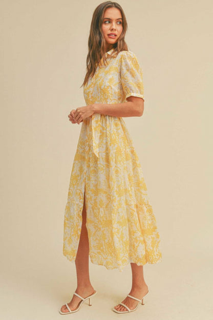 Cream Closure waist belt puff sleeve dress