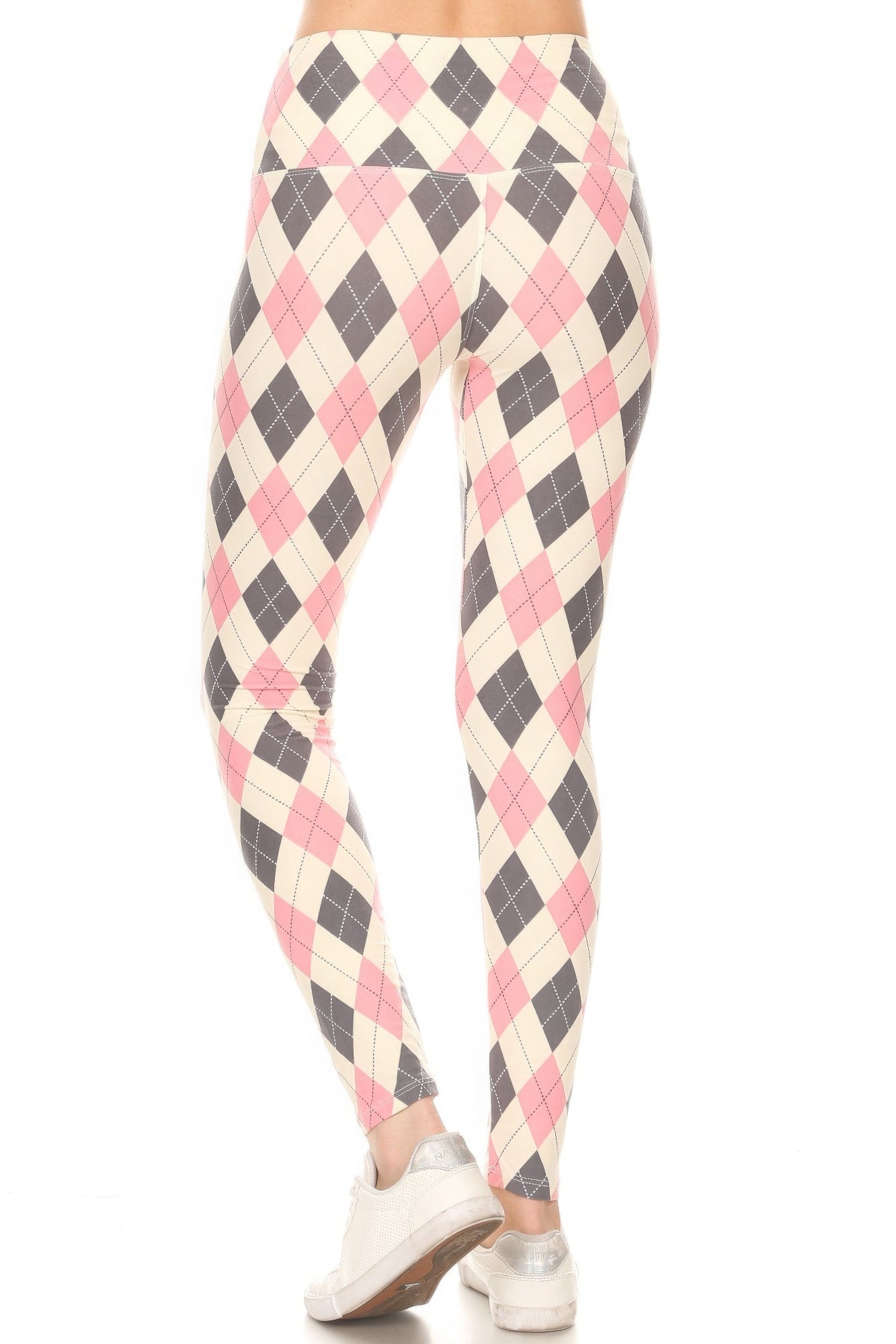 Multi-White 5-inch Long Yoga Style Banded Lined Argyle Printed Knit Legging With High Waist