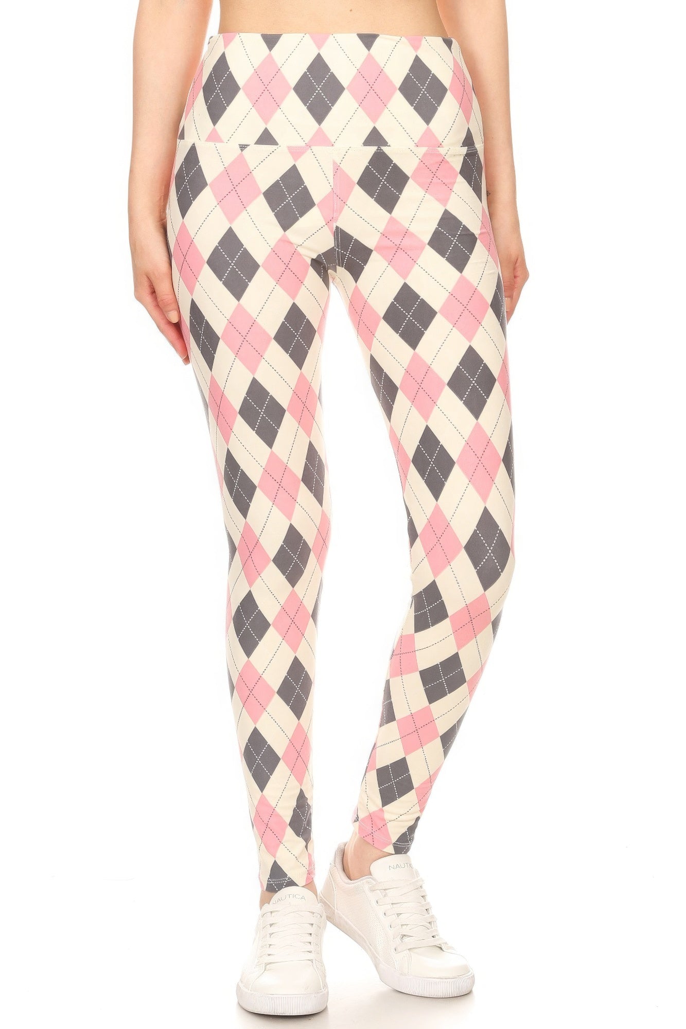 Multi-White 5-inch Long Yoga Style Banded Lined Argyle Printed Knit Legging With High Waist