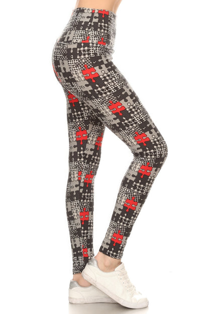 Multi-Dark Brown 5-inch Long Yoga Style Banded Lined Puzzle Printed Knit Legging With High Waist