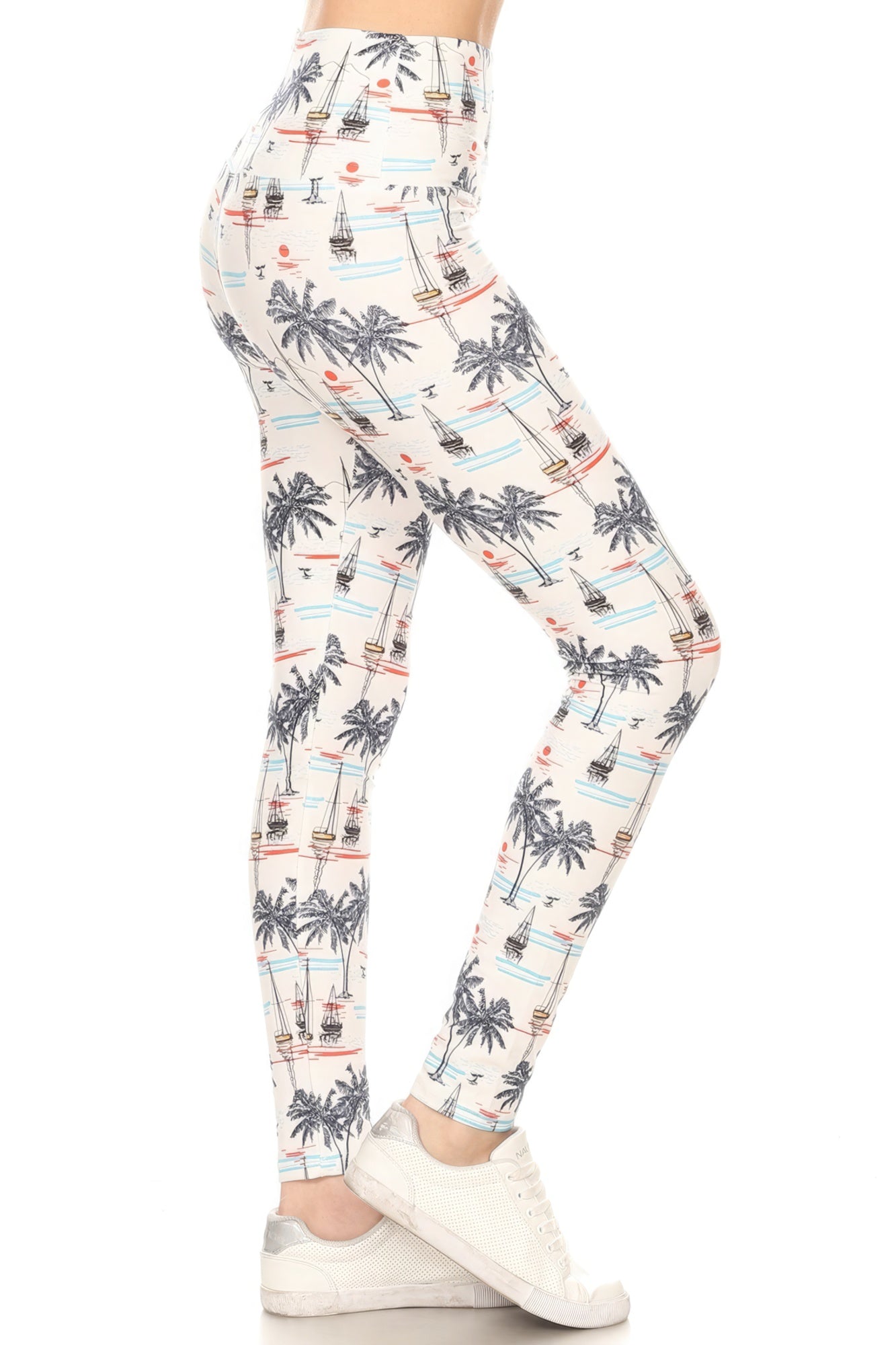 Multi-White 5-inch Long Yoga Style Banded Lined Sailor Printed Knit Legging With High Waist