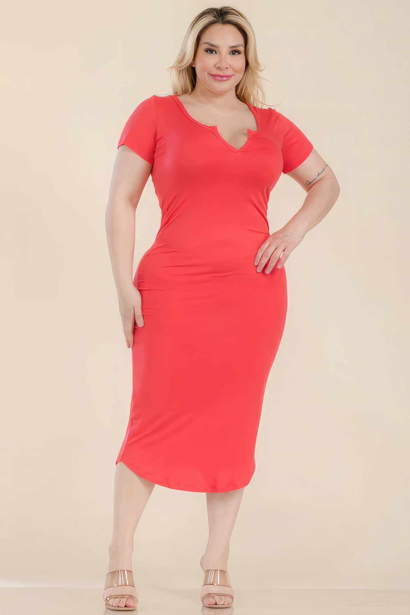 Plus Size Split Neck Bodycon Midi Dress