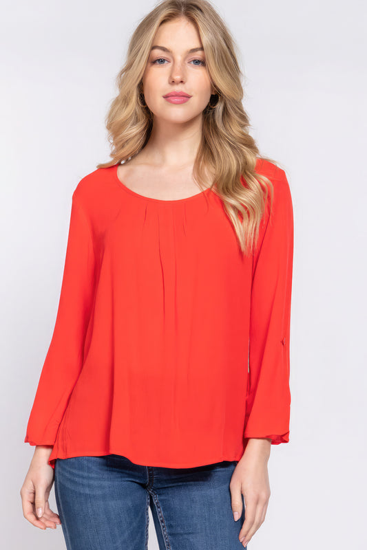 Orange 3/4 Roll Up Sleeve Pleated Blouse