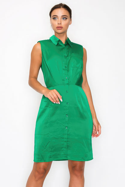 Green Button-down Pleated Shirt Dress