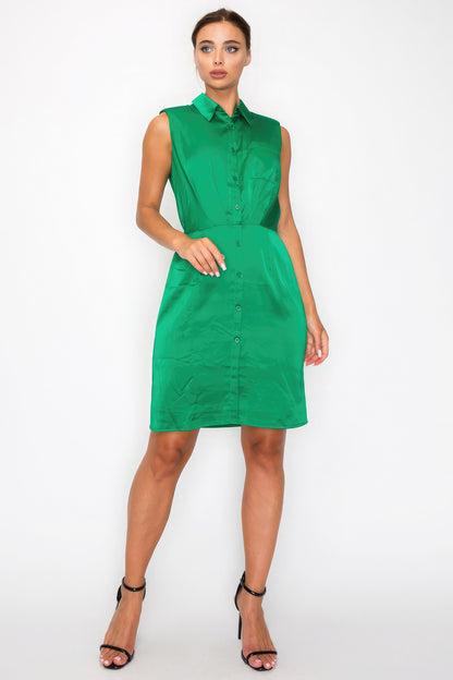 Green Button-down Pleated Shirt Dress