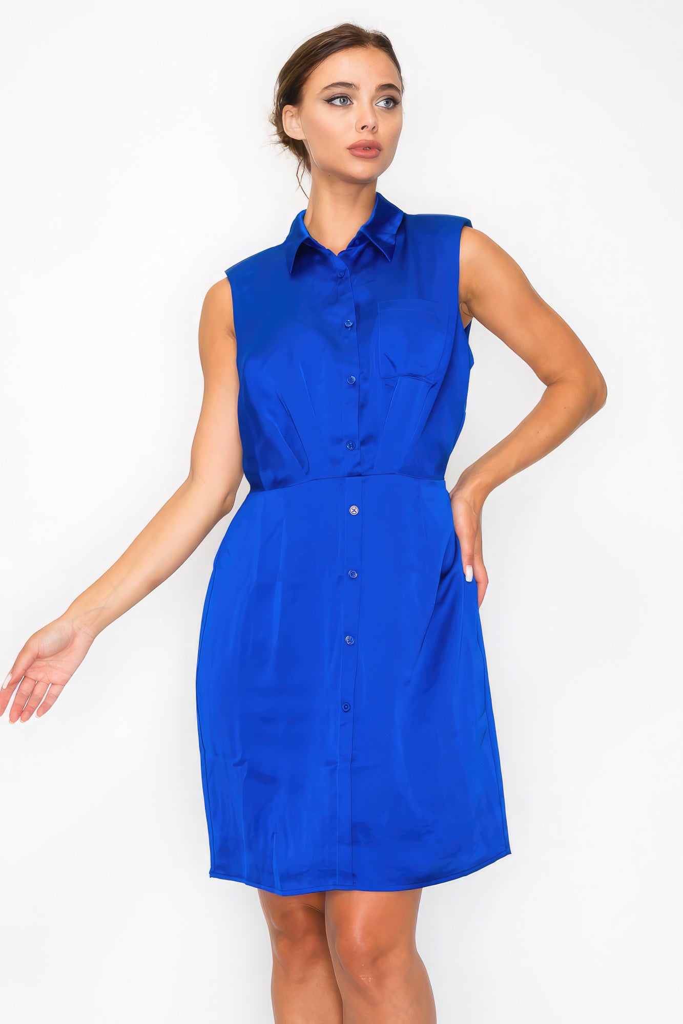 Royal Blue Button-down Pleated Shirt Dress