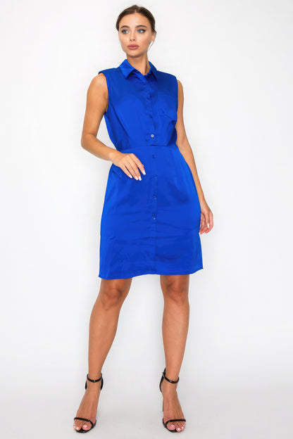 Royal Blue Button-down Pleated Shirt Dress