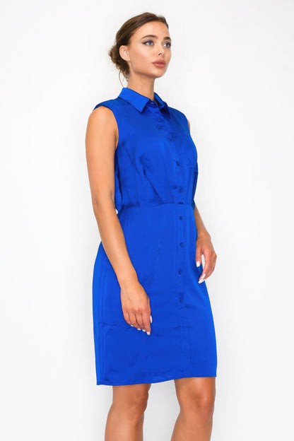 Royal Blue Button-down Pleated Shirt Dress