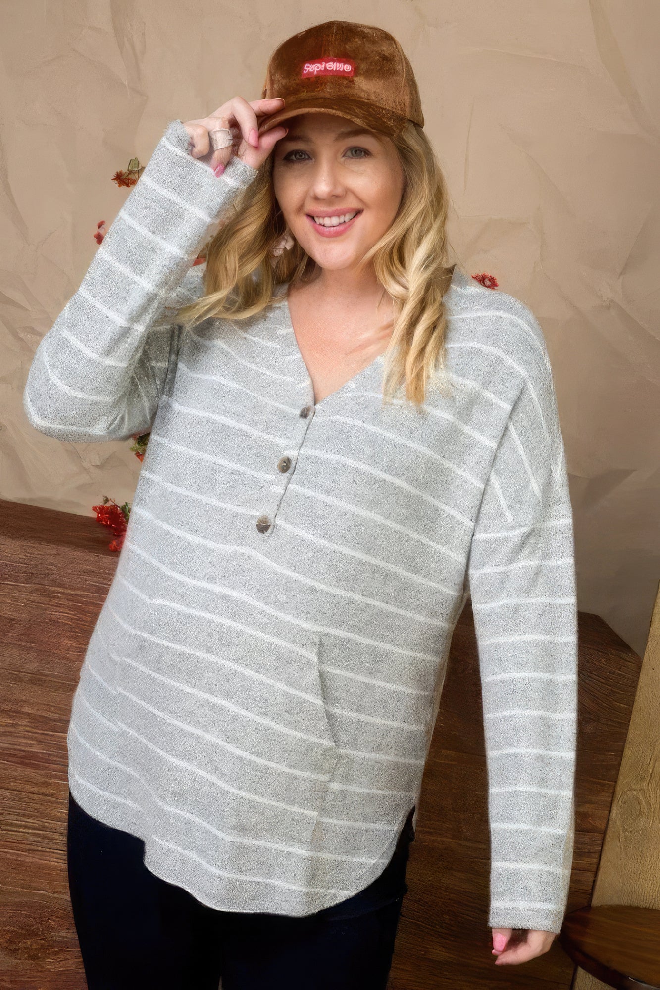 Light Grey Brushed Hacci Two Tone Stripe Top