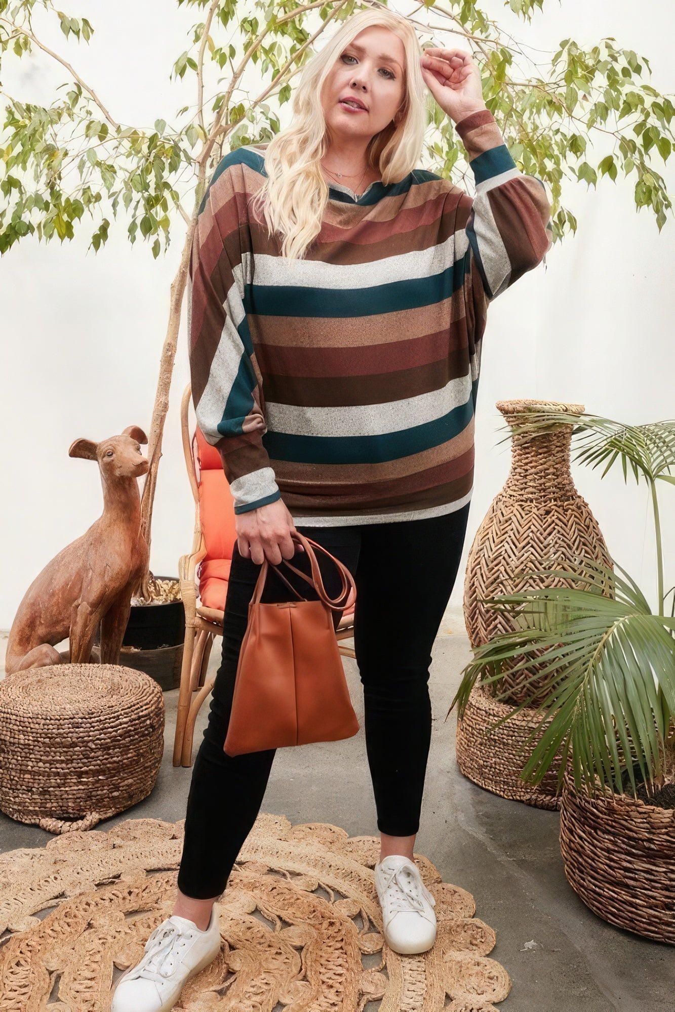 Brown Boat Neck Long Bubble Sleeve Multi Stripe Print Knit Top