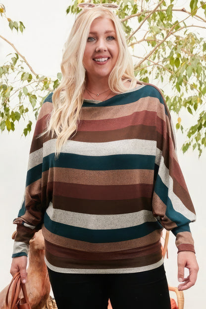 Brown Boat Neck Long Bubble Sleeve Multi Stripe Print Knit Top