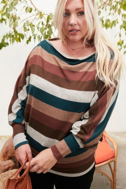 Brown Boat Neck Long Bubble Sleeve Multi Stripe Print Knit Top