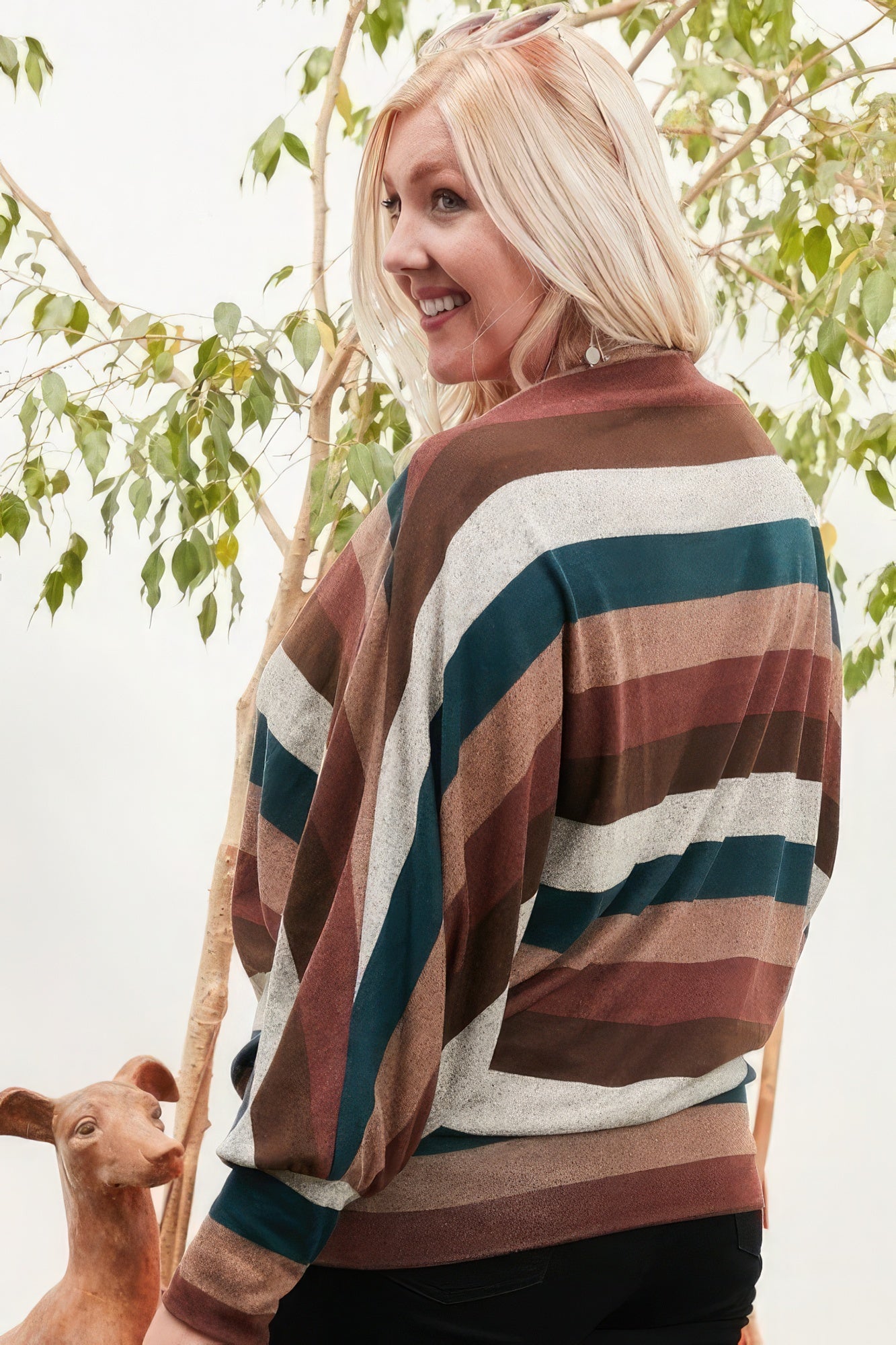 Brown Boat Neck Long Bubble Sleeve Multi Stripe Print Knit Top