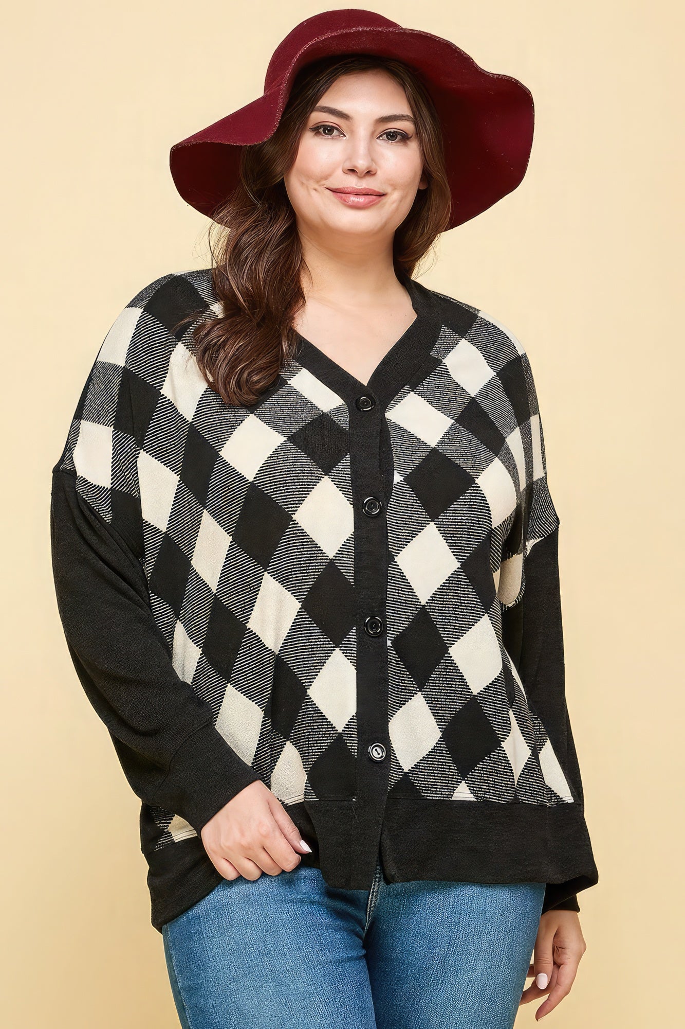 Plus Size Buffalo Plaid Knit Button Up Oversize Cardigan