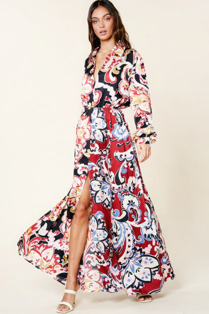 Multi-Red Printed V Neck Dress