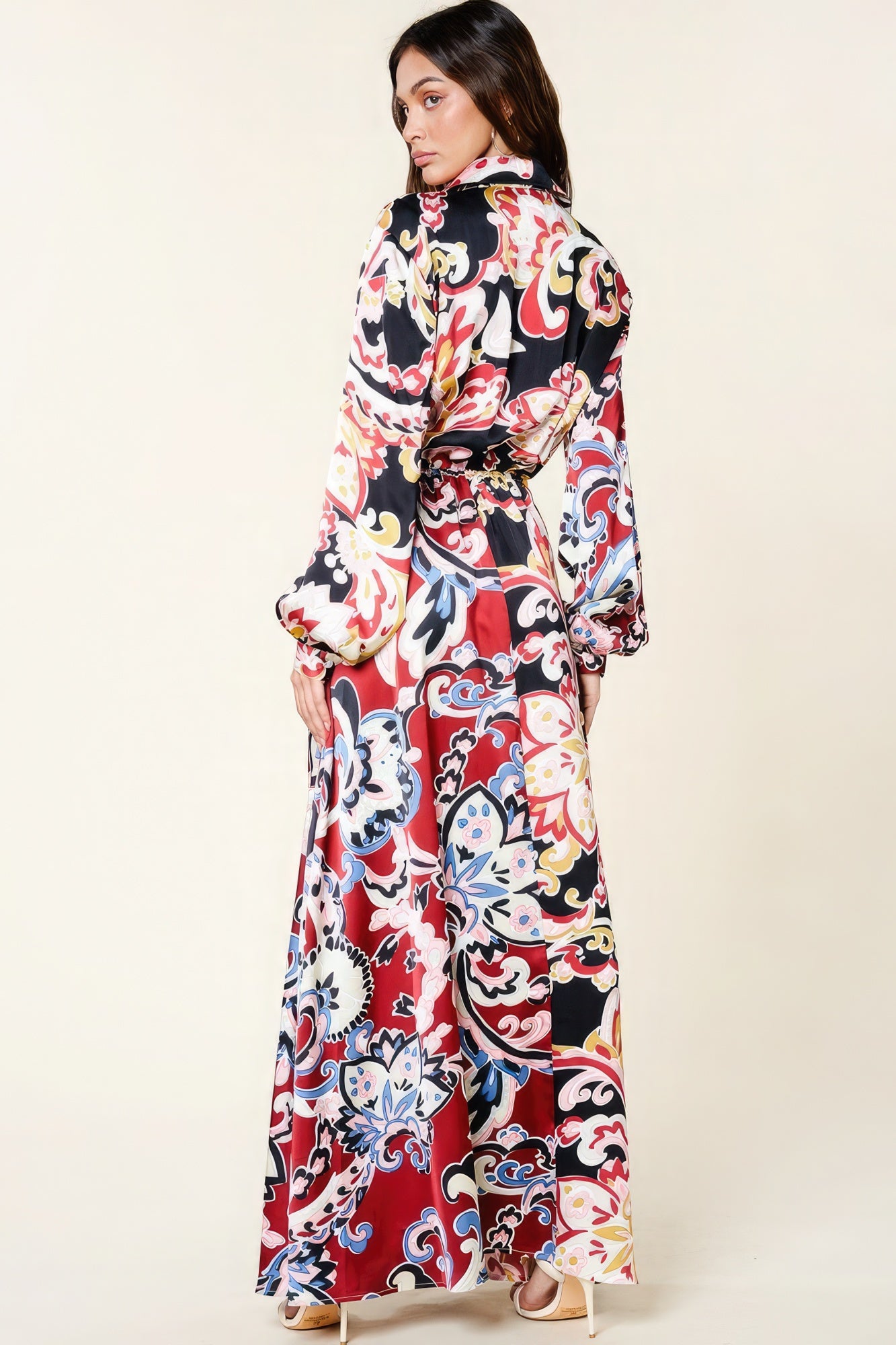 Multi-Red Printed V Neck Dress