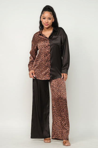 Half Animal Print And Half Solid Top And Pants Set