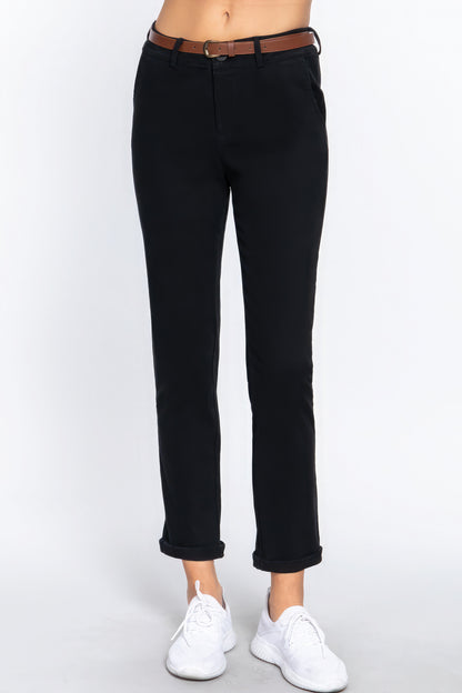 Black Cotton-span Twill Belted Long Pants