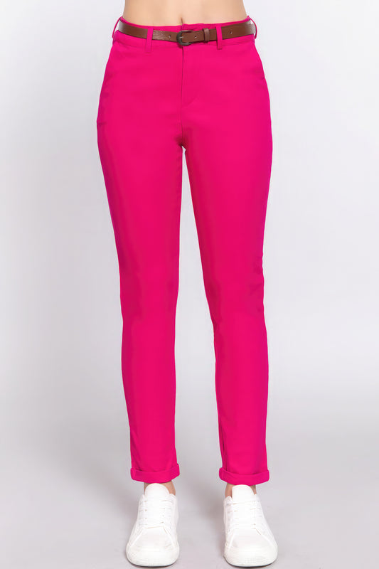 Fuchsia Cotton-span Twill Belted Long Pants