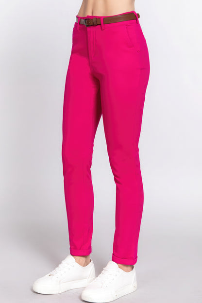 Fuchsia Cotton-span Twill Belted Long Pants