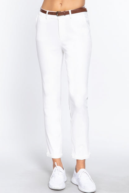 White Cotton-span Twill Belted Long Pants