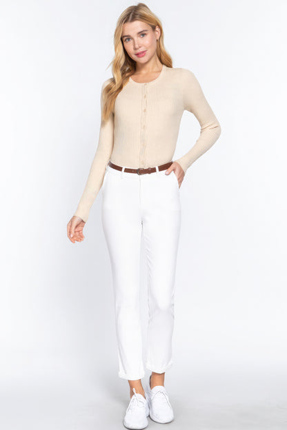 White Cotton-span Twill Belted Long Pants