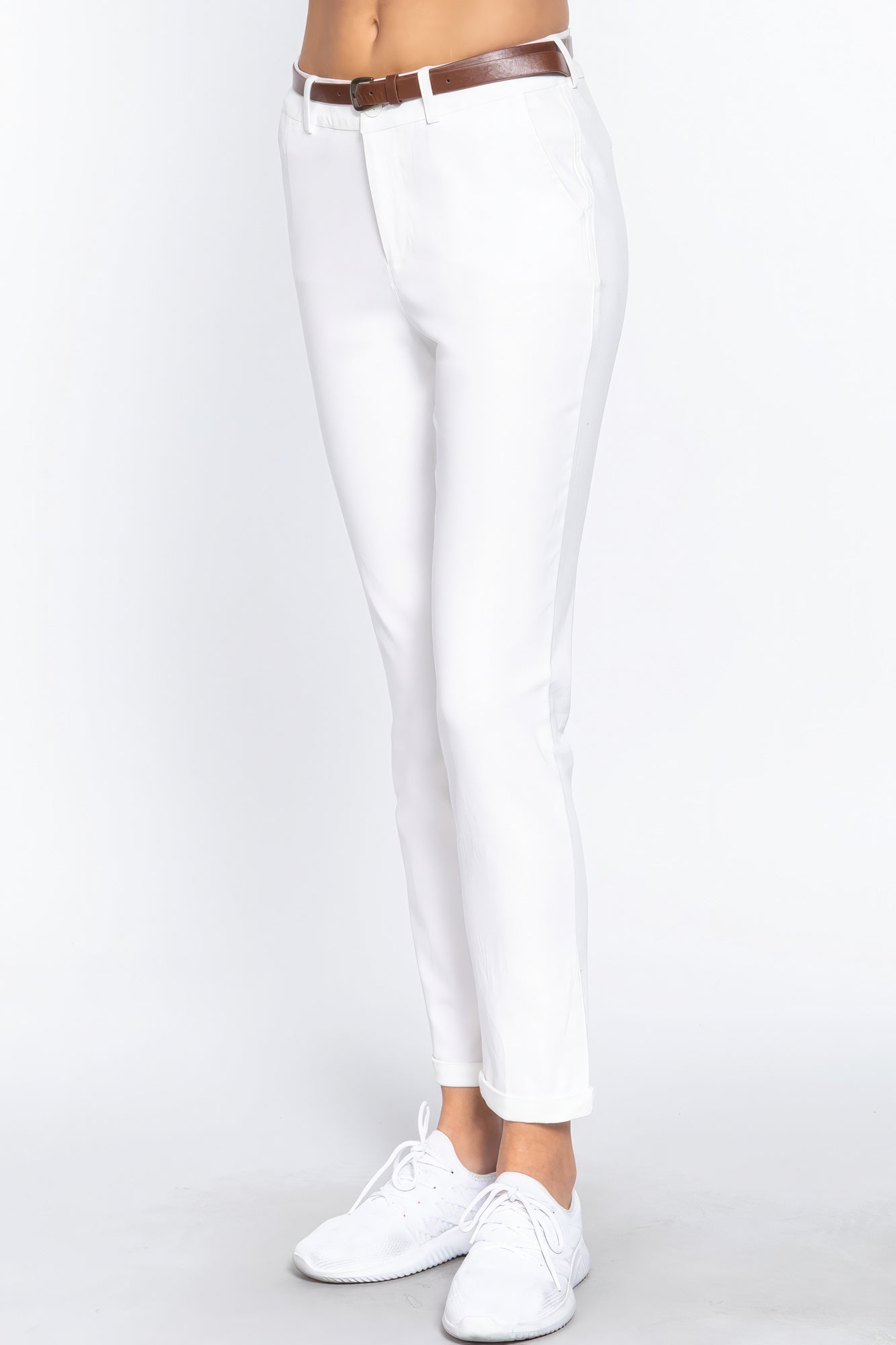 White Cotton-span Twill Belted Long Pants