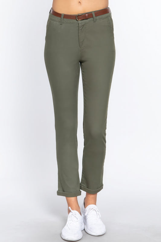 Olive Cotton-span Twill Belted Long Pants