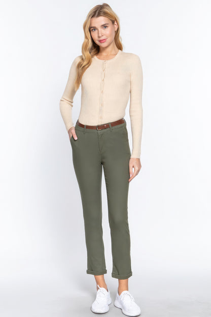 Olive Cotton-span Twill Belted Long Pants