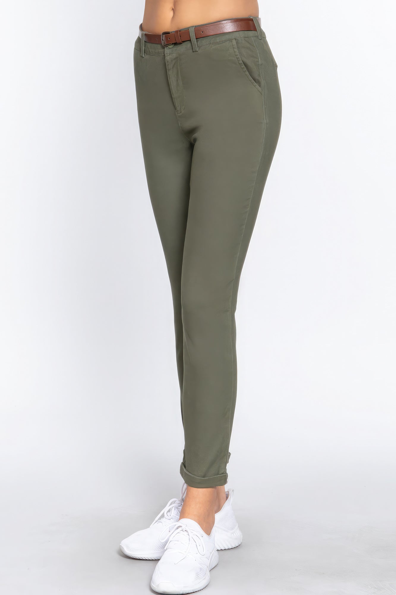 Olive Cotton-span Twill Belted Long Pants