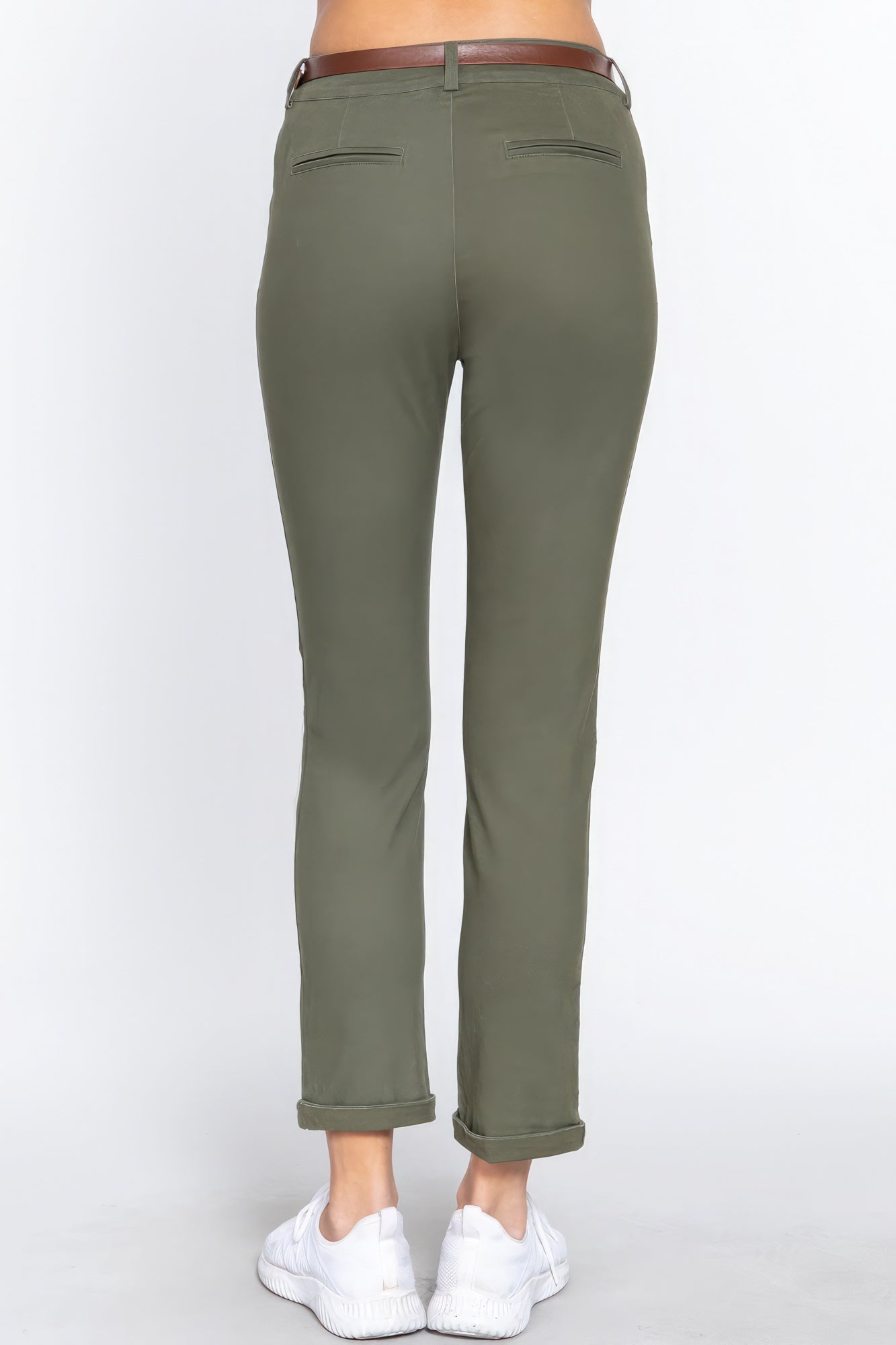 Olive Cotton-span Twill Belted Long Pants