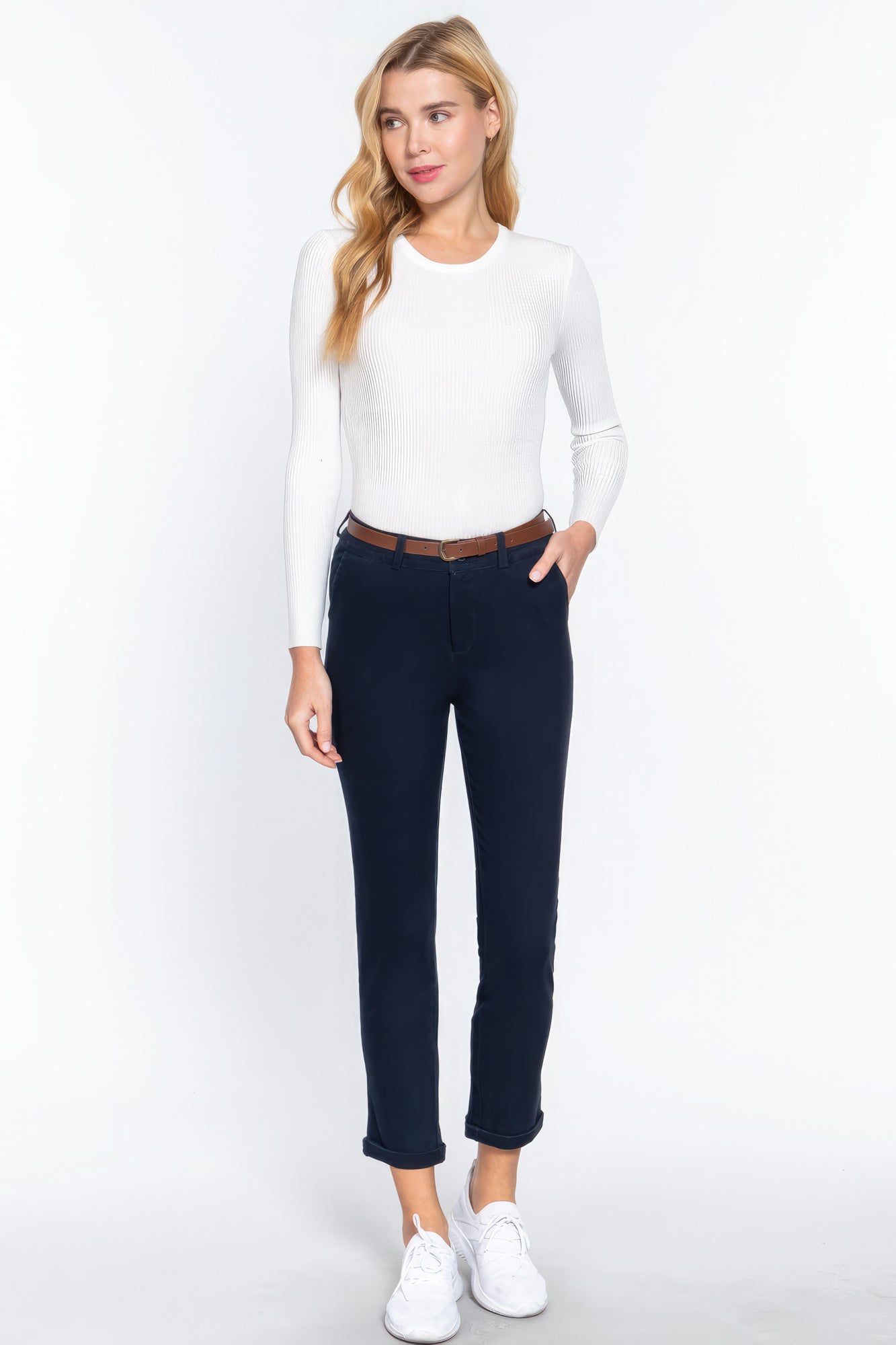 Black Cotton-span Twill Belted Long Pants