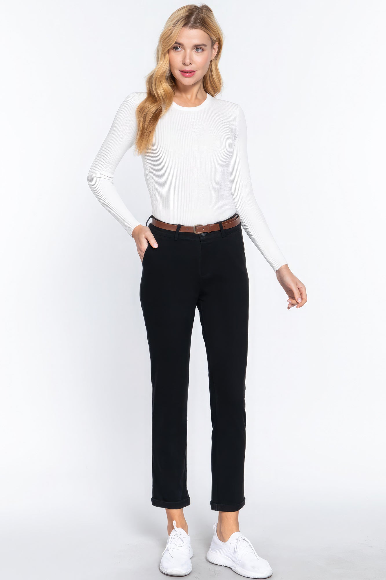 Black Cotton-span Twill Belted Long Pants