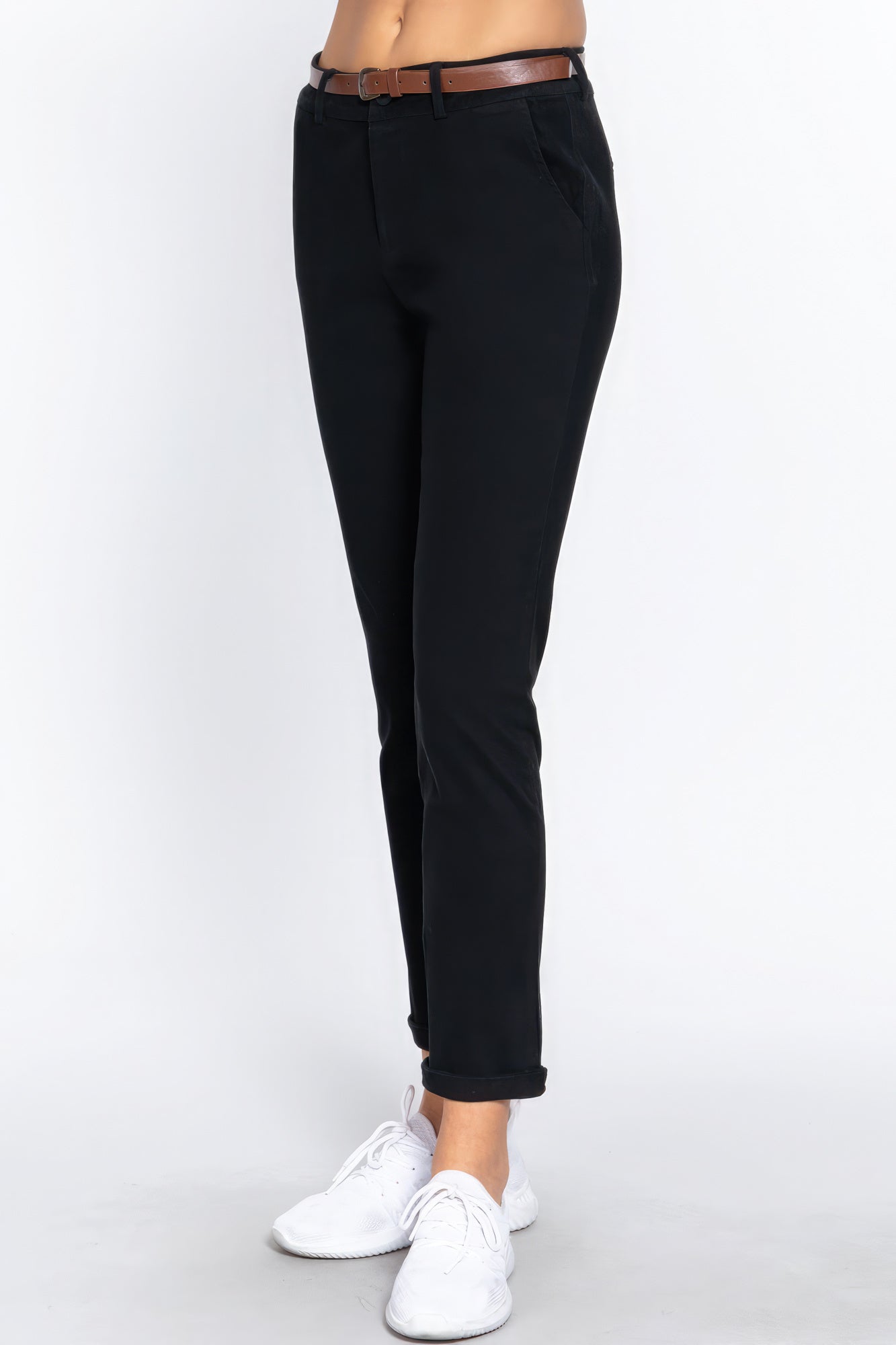 Black Cotton-span Twill Belted Long Pants