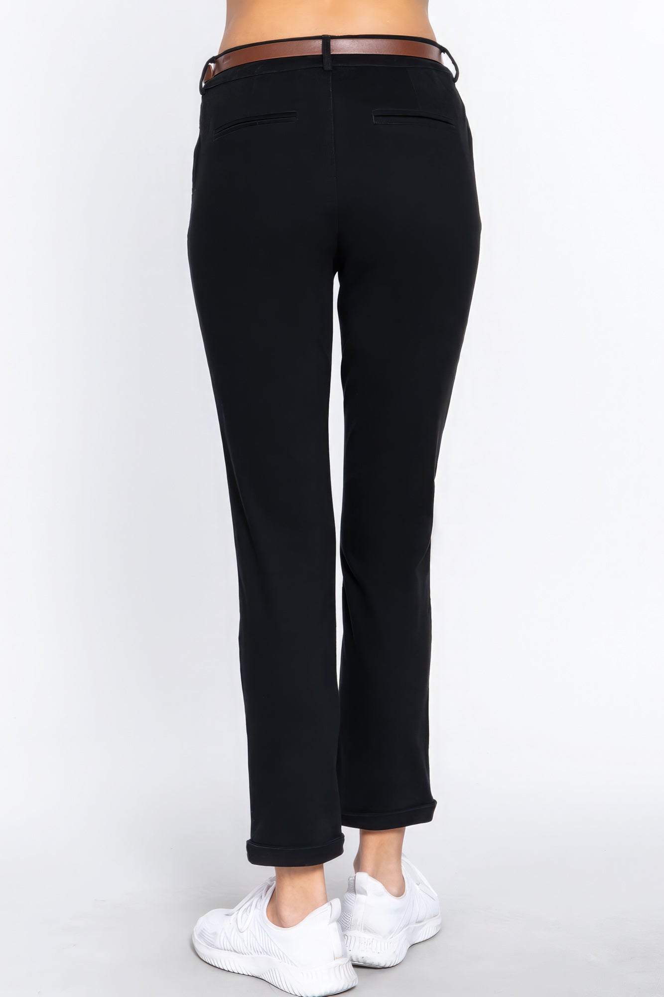 Black Cotton-span Twill Belted Long Pants